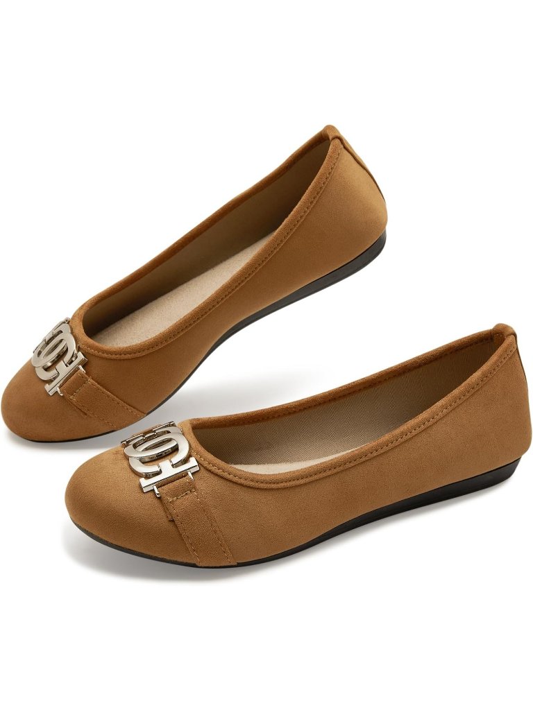 Yeogor Women's Camel Comfort Round Toe Flat Metal Buckle Classic Slip On Shoes